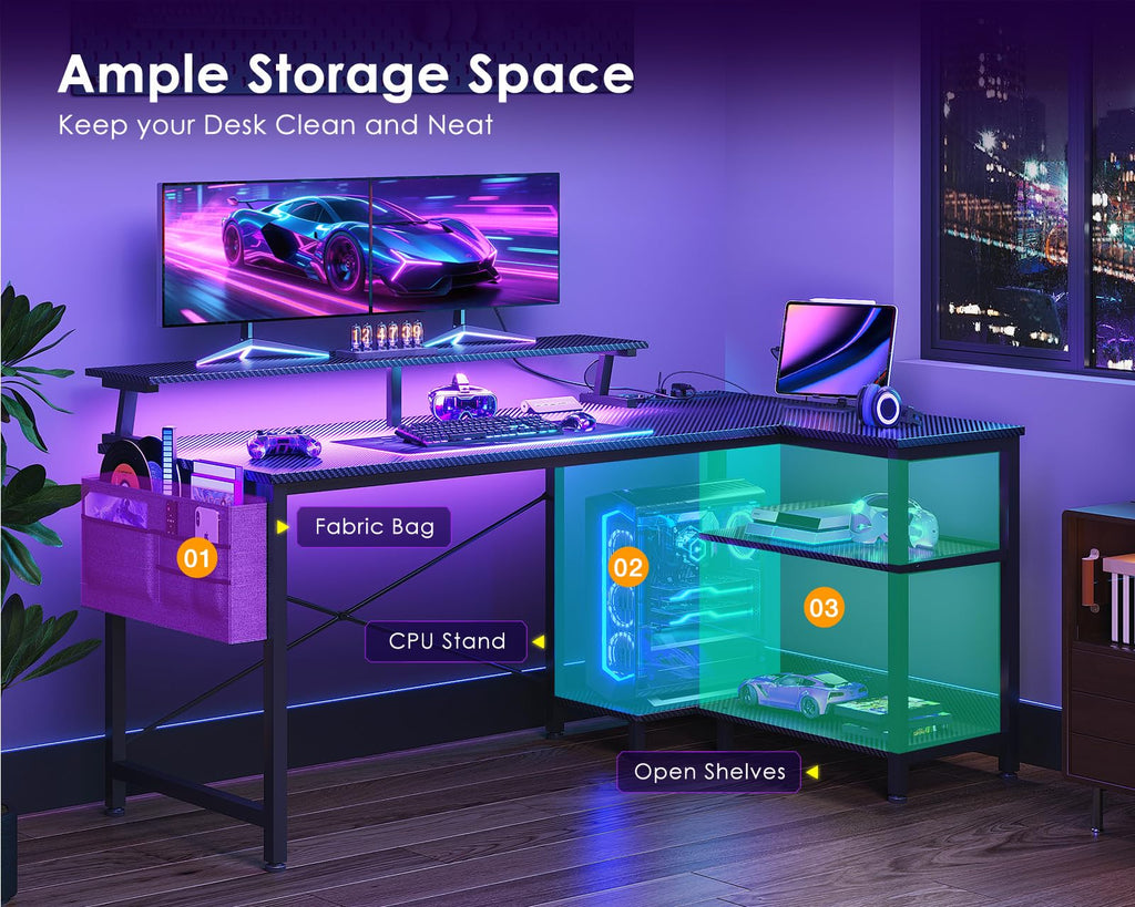 48 Inch L Shaped Gaming Desk with LED Lights and Power Outlets R7402