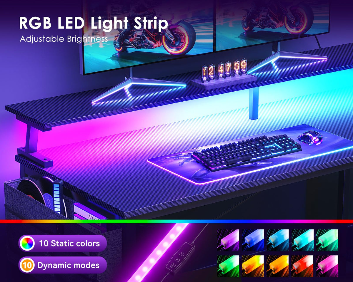 48 Inch L Shaped Gaming Desk with LED Lights and Power Outlets R7402