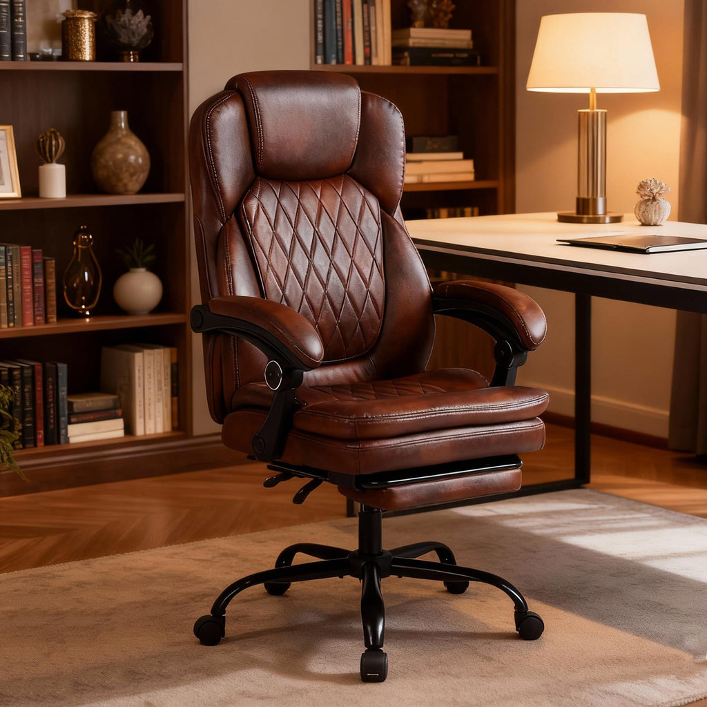 Big and Tall Brown PU Leather Reclining Office Chair with Foot Rest D2081