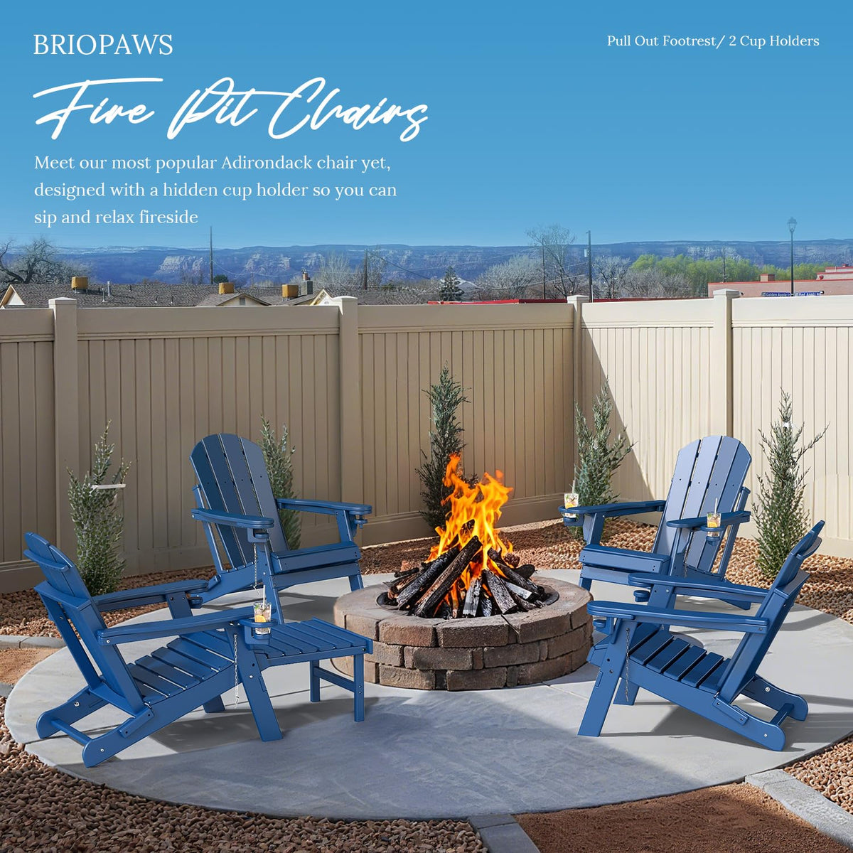 Set of 2 Blue Folding HDPE Plastic Adirondack Chairs with Pull-Out Footrest M674858
