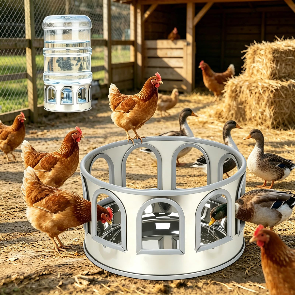 5 Gallon Stainless Steel Poultry Waterer Base with 9 Guarded Drinking Ports K2046