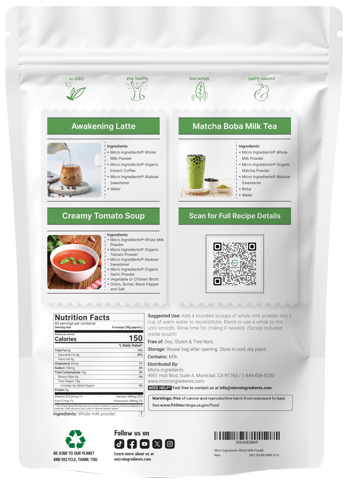 Whole Milk Powder 4 lb Pasture-Raised rBST-Free Non-GMO Gluten-Free S2602