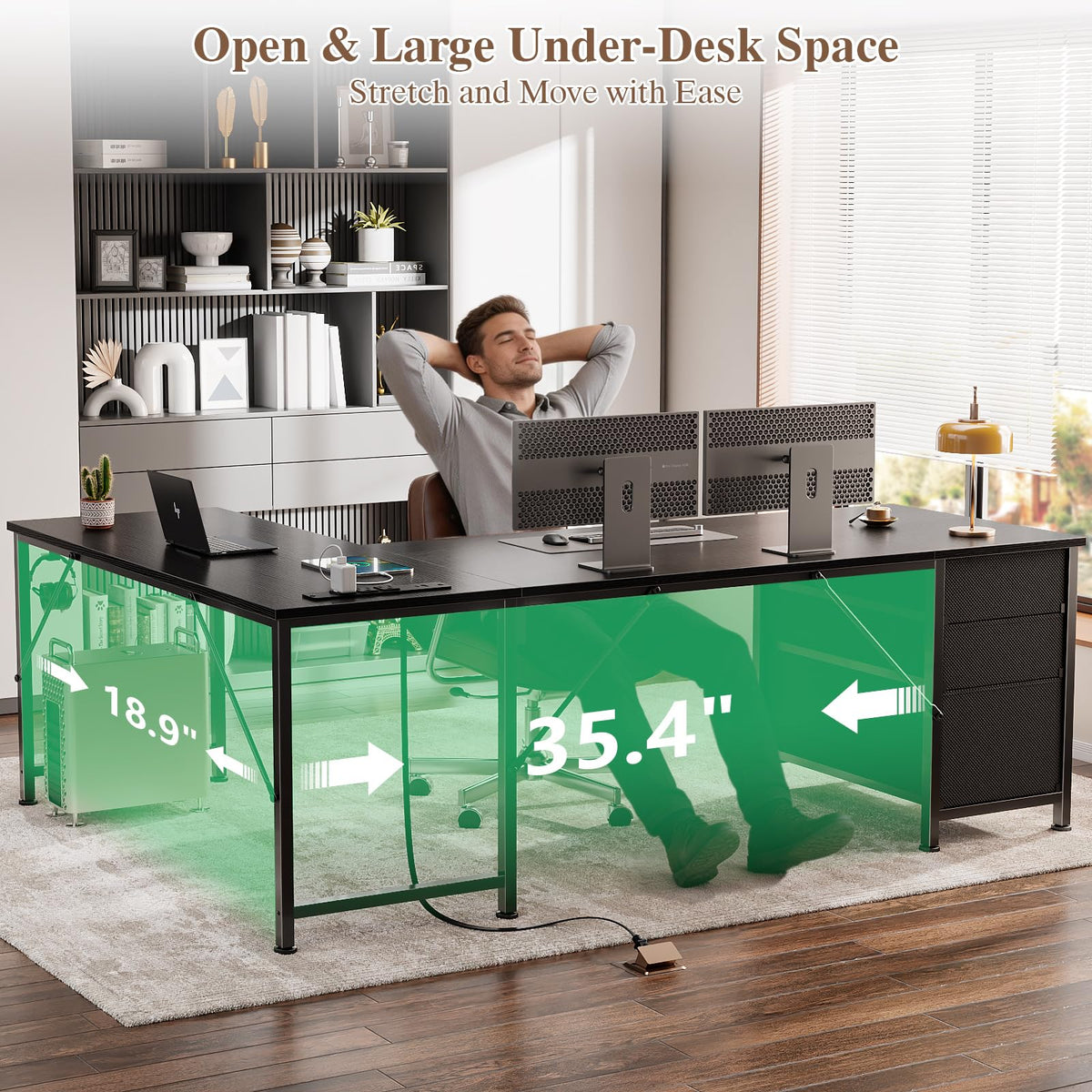 63" L Shaped Computer Desk with Outlets Black R396741