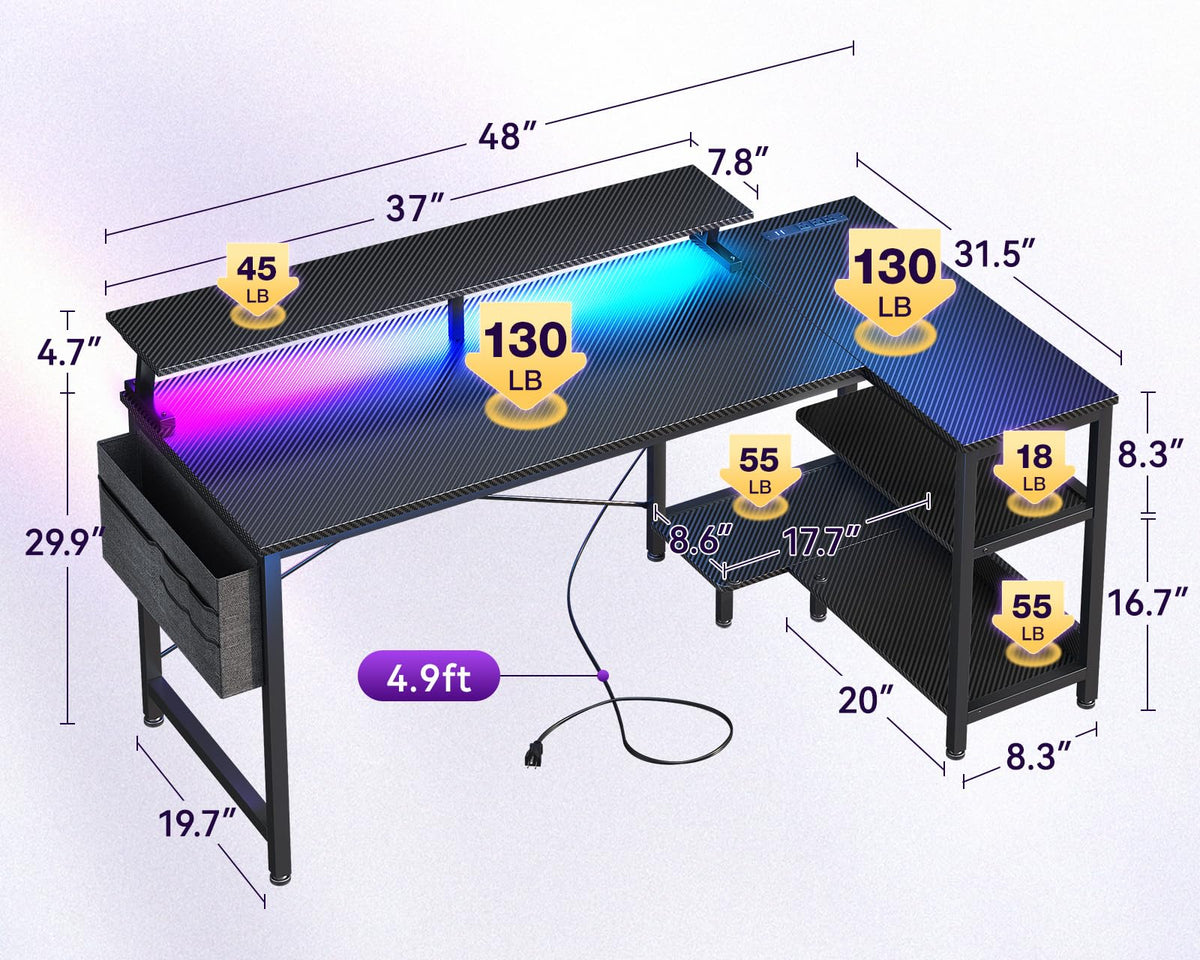 48 Inch L Shaped Gaming Desk with LED Lights and Power Outlets R7402