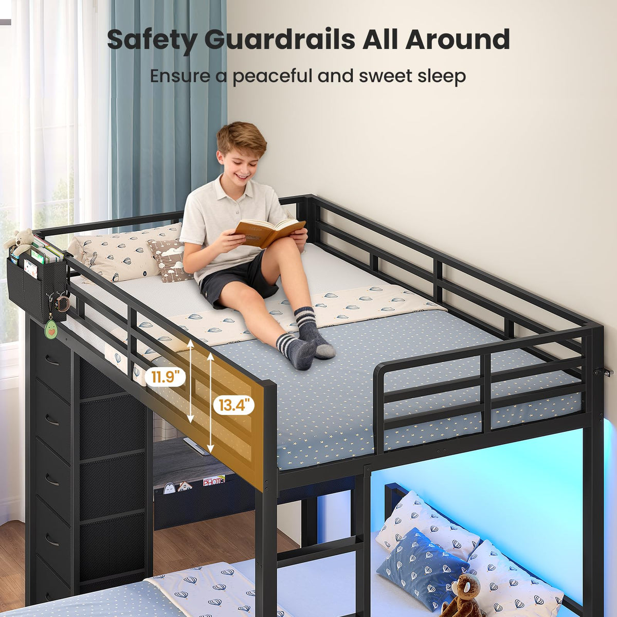 Full Size Bunk Bed with Desk, 5 Drawers, Black Y54031