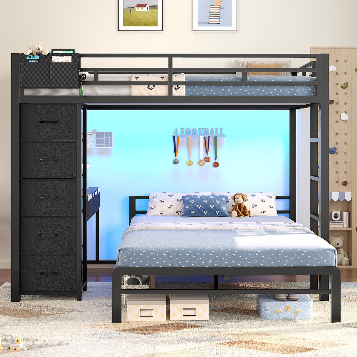 Full Size Bunk Bed with Desk, 5 Drawers, Black Y54031