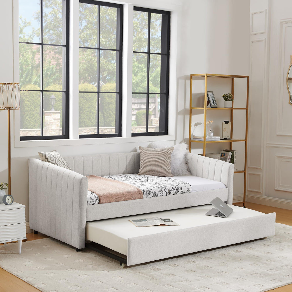 Twin Size Upholstered Linen Daybed with Trundle Y8042