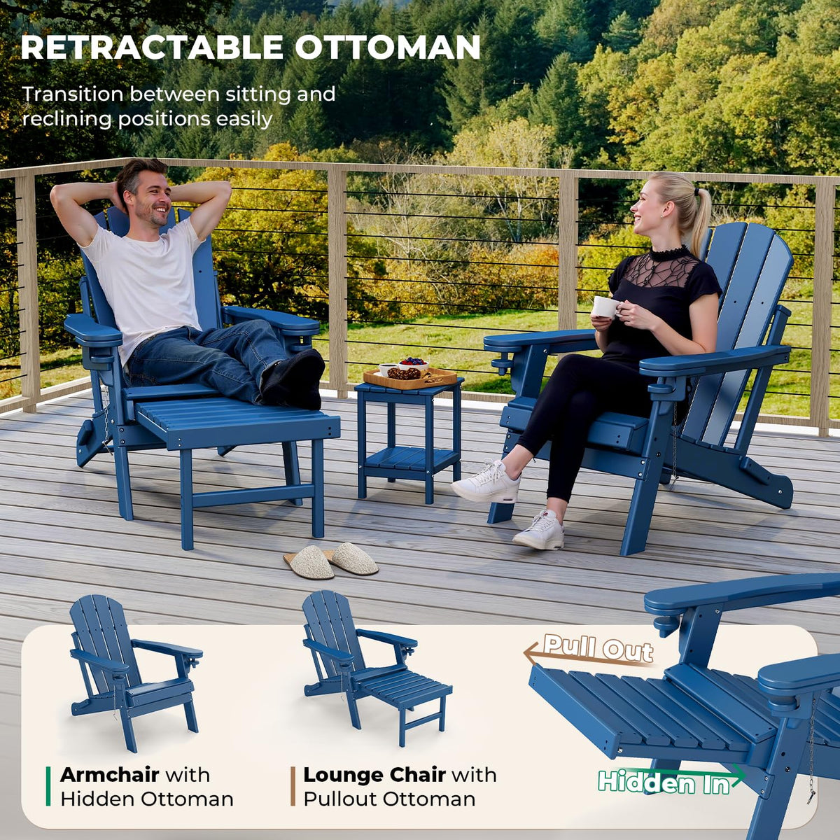 Set of 2 Blue Folding HDPE Plastic Adirondack Chairs with Pull-Out Footrest M674858