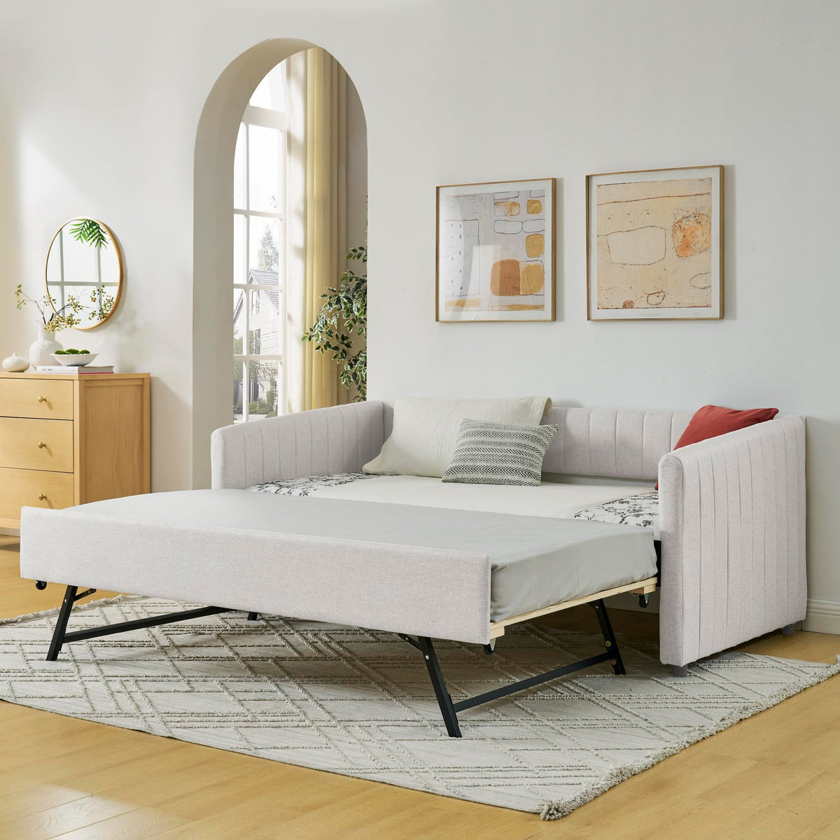 Twin Size Upholstered Linen Daybed with Trundle Y8042