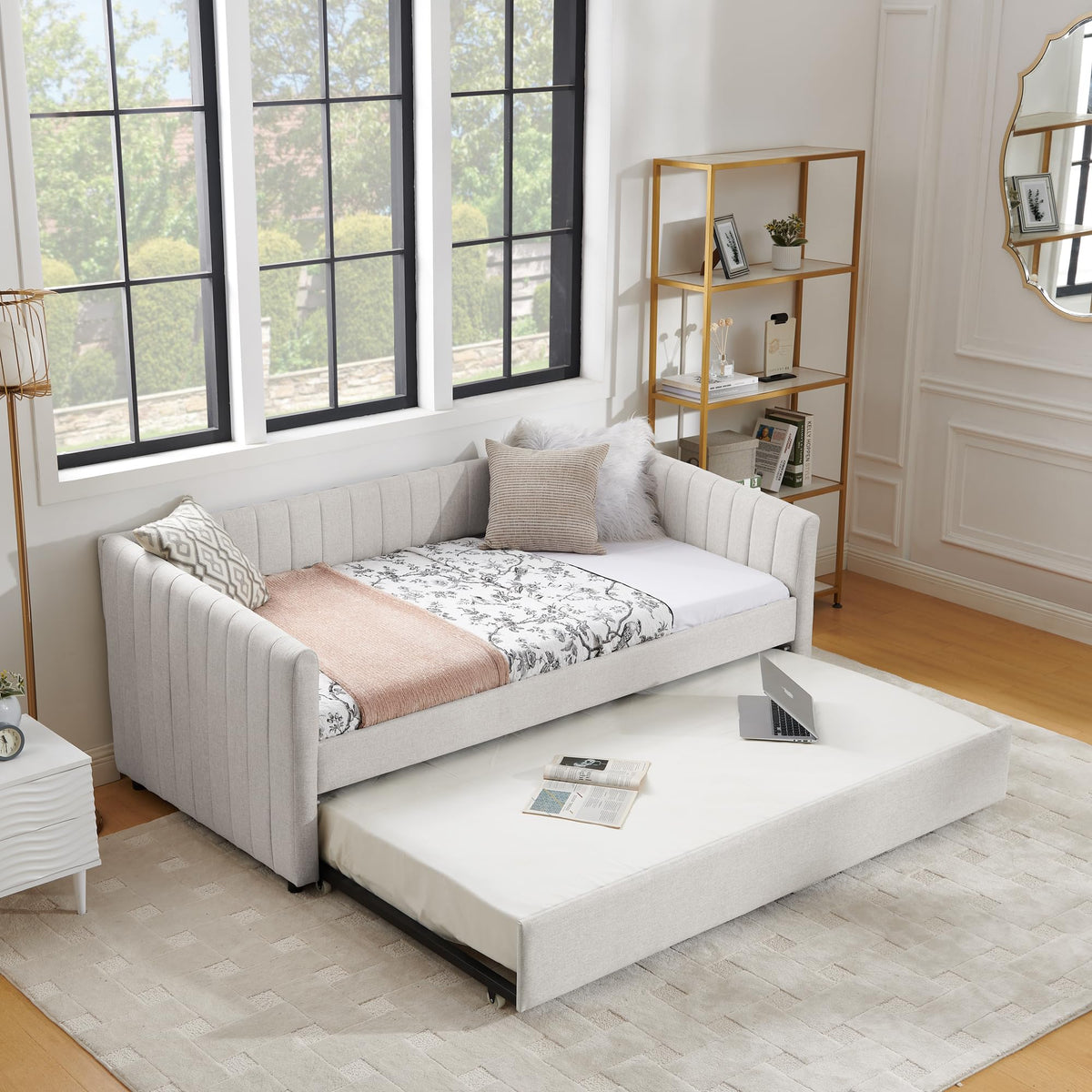 Twin Size Upholstered Linen Daybed with Trundle Y8042