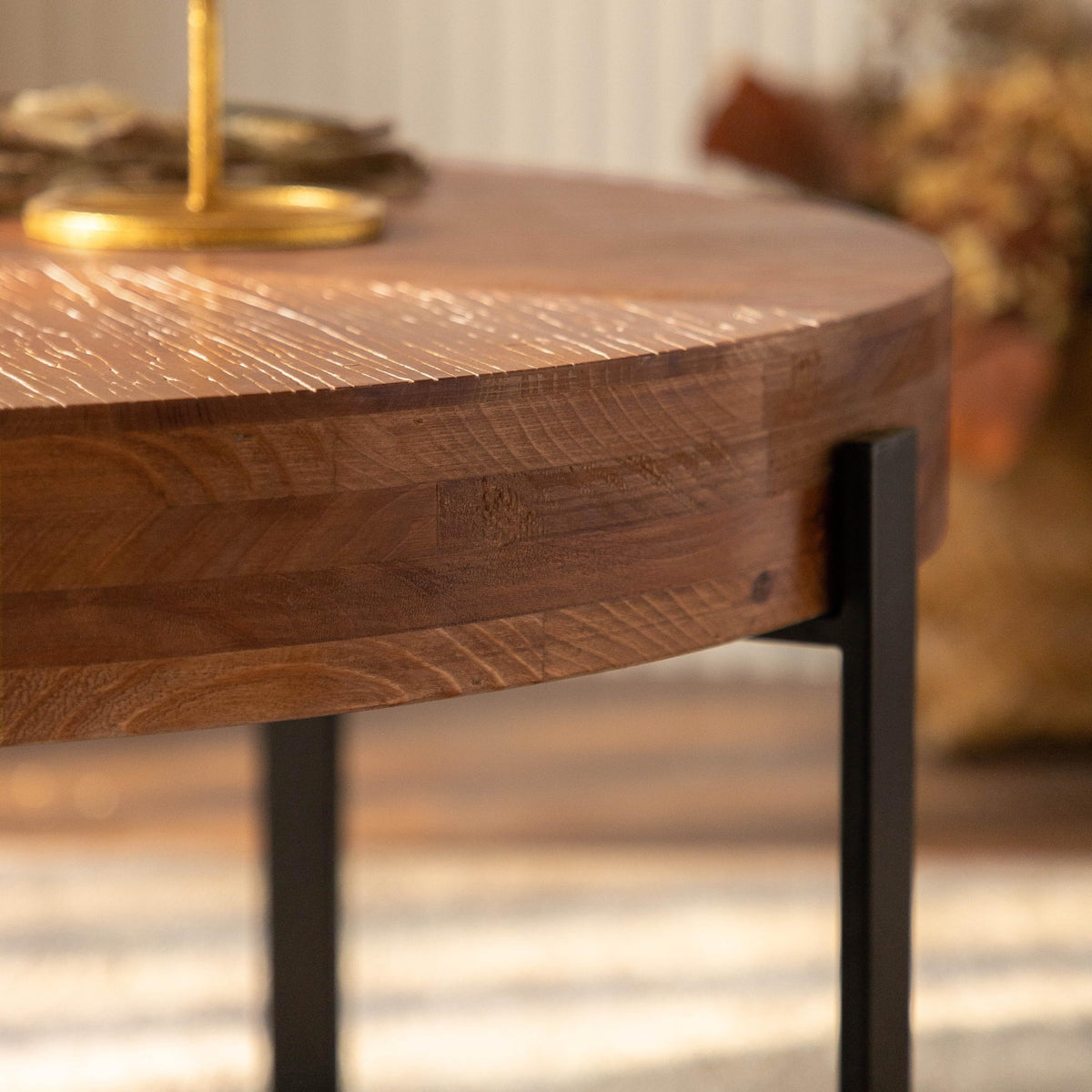 Round Coffee Table with Fir Wood Top and Black Cross Legs Z1187