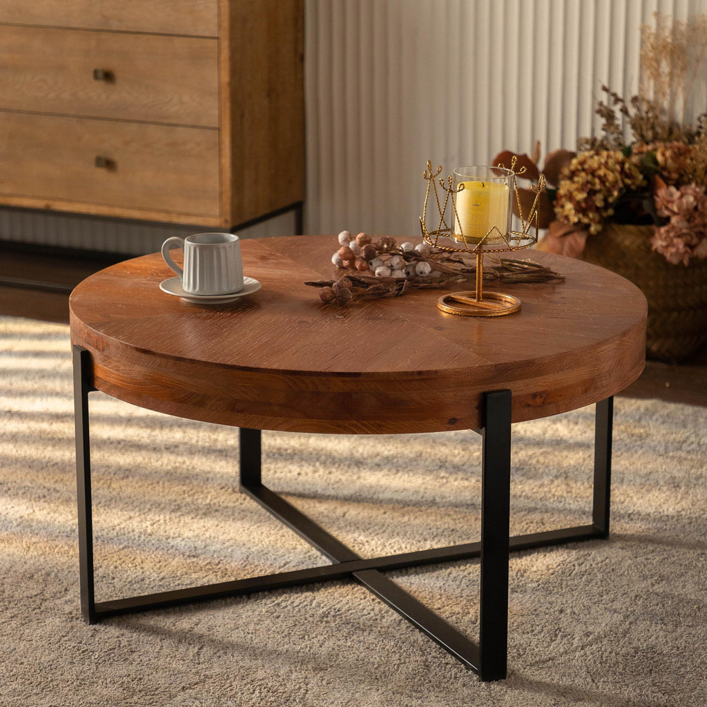 Round Coffee Table with Fir Wood Top and Black Cross Legs Z1187