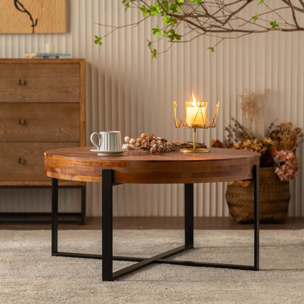 Round Coffee Table with Fir Wood Top and Black Cross Legs Z1187