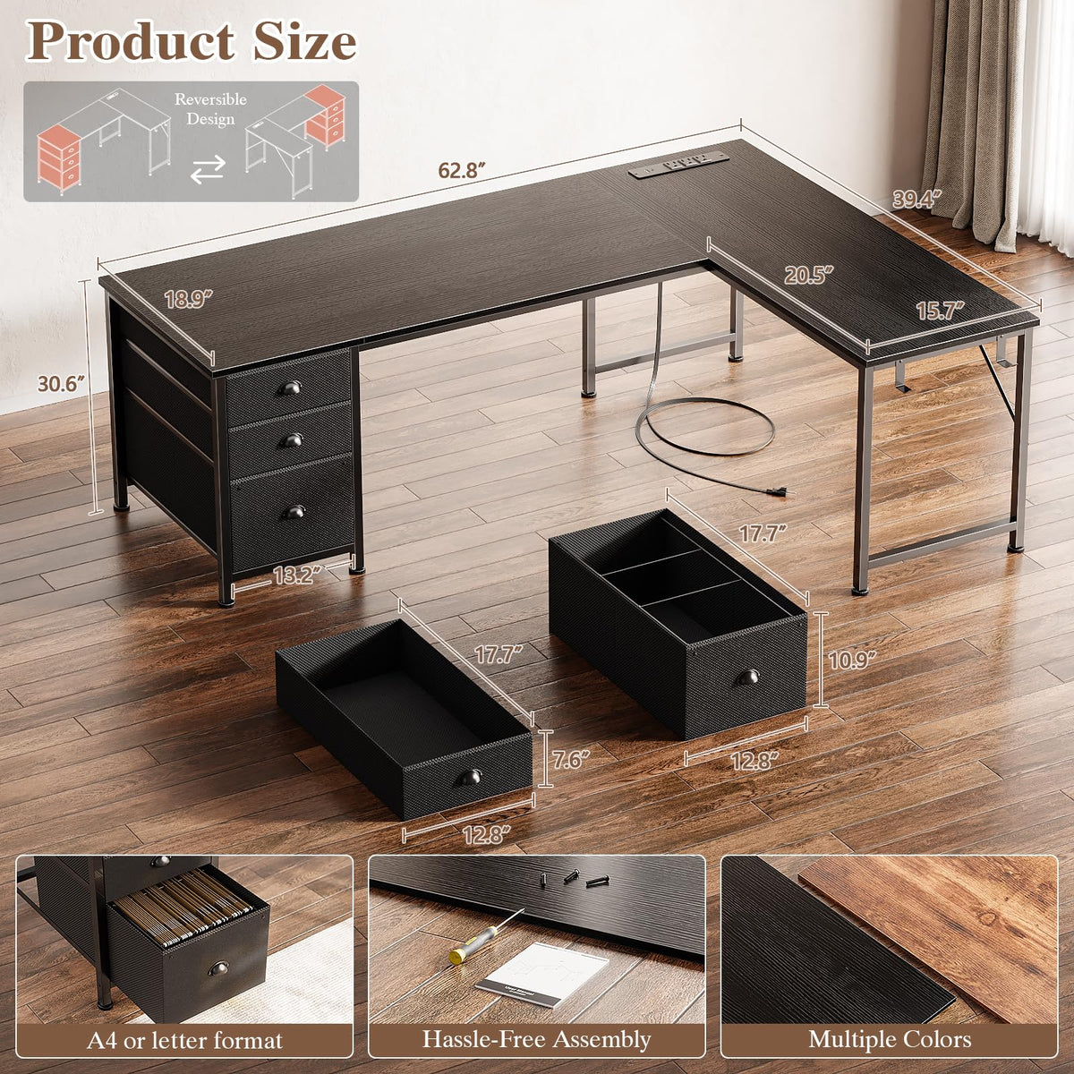 63" L Shaped Computer Desk with Outlets Black R396741