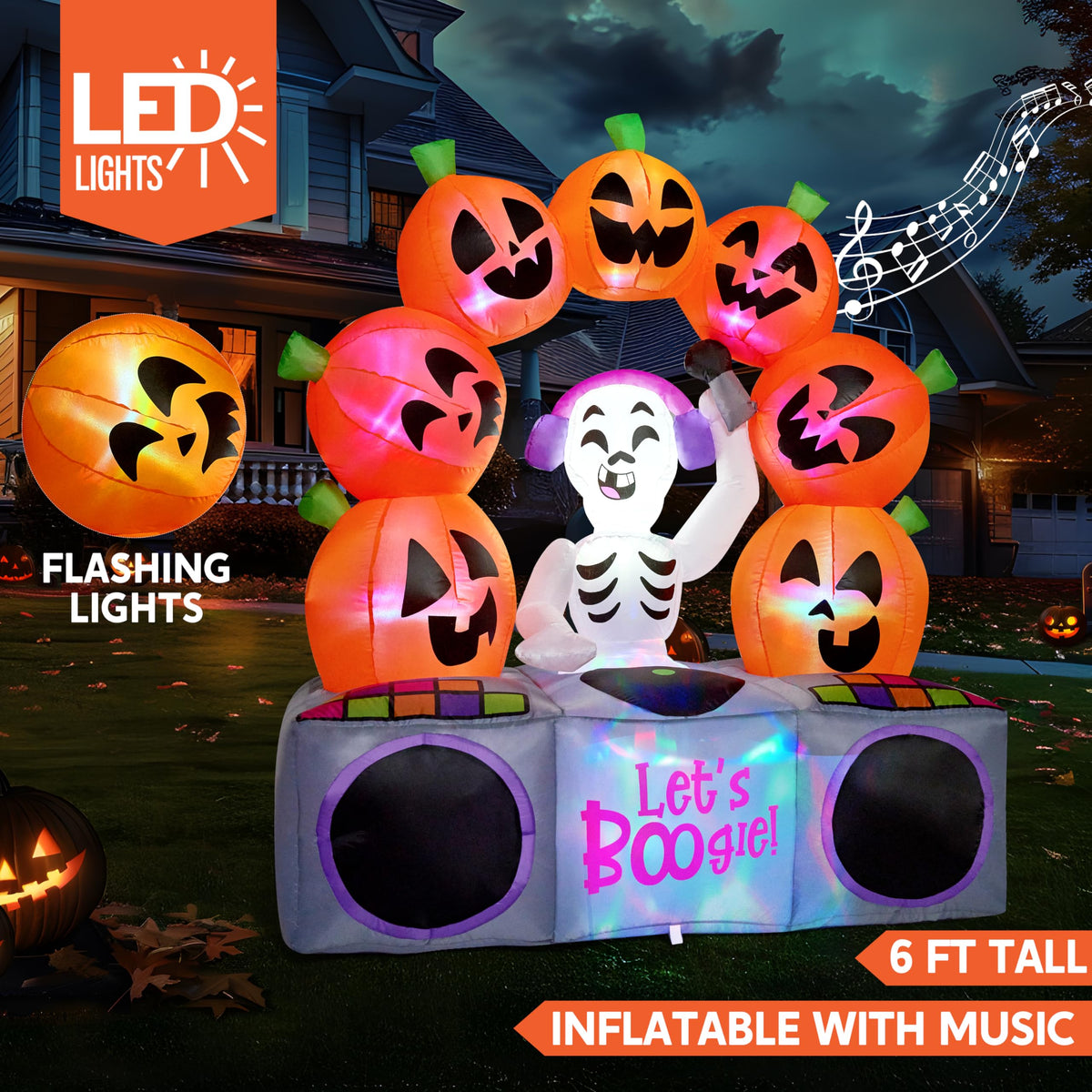 6 FT Inflatable Music Skeleton and Pumpkin with Colorful LEDs H5793