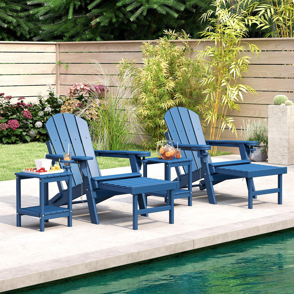Set of 2 Blue Folding HDPE Plastic Adirondack Chairs with Pull-Out Footrest M674858