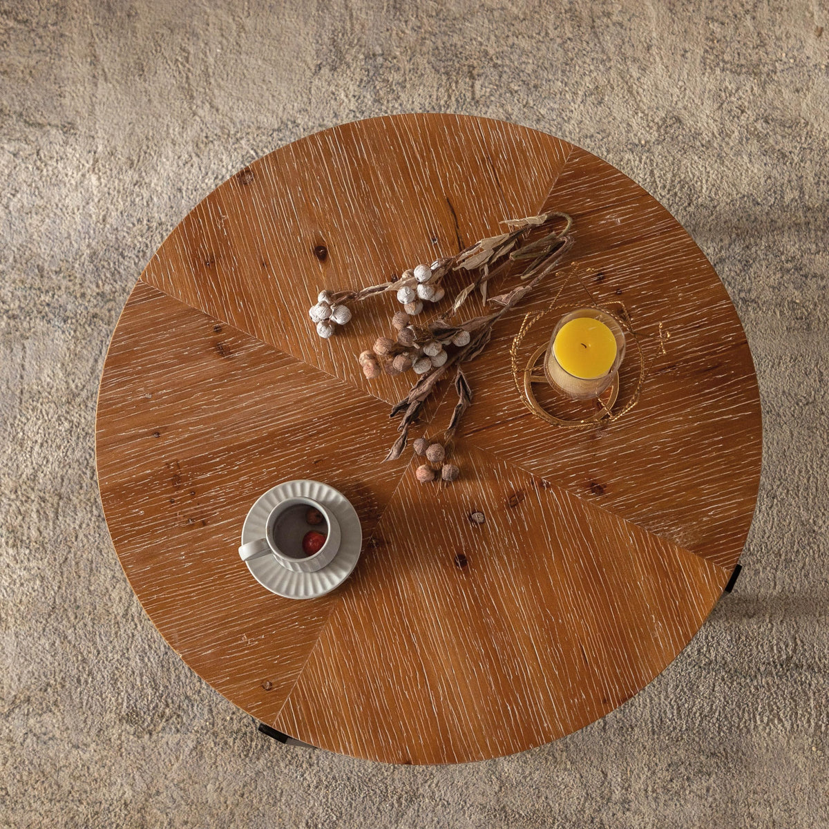 Round Coffee Table with Fir Wood Top and Black Cross Legs Z1187